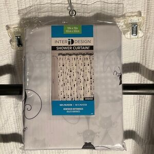 White Shower Curtain with Black Cat Design